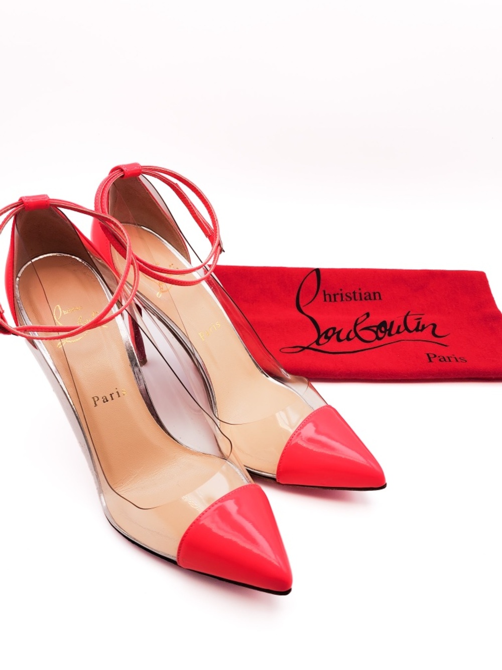 Christian Louboutin Hot Pink Neon Patent Leather PVC Ankle Strap Pumps Heels 38